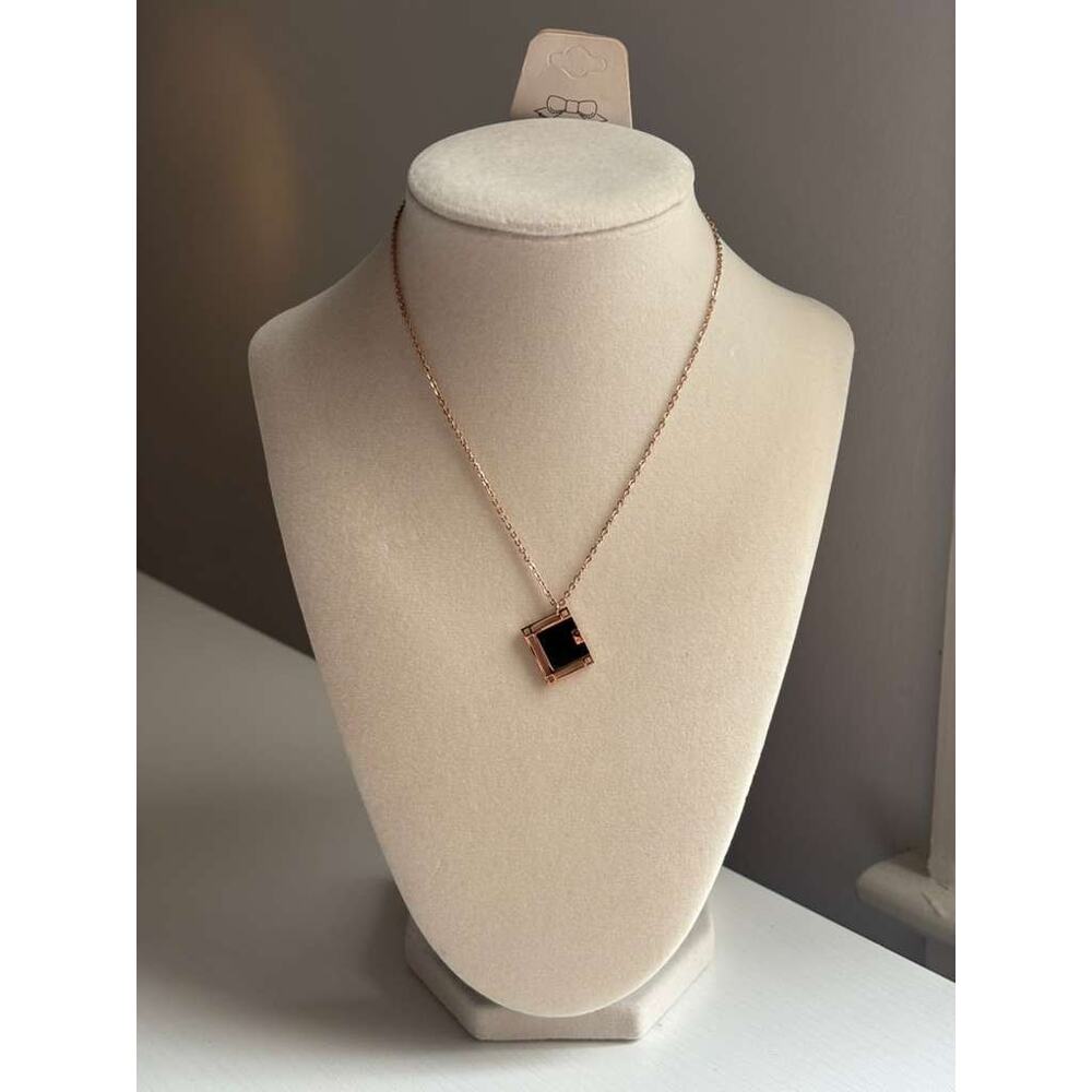 Rose Gold Square Pendant Necklace Minimal Black Stone Geometric Charm - Picture 4 of 6